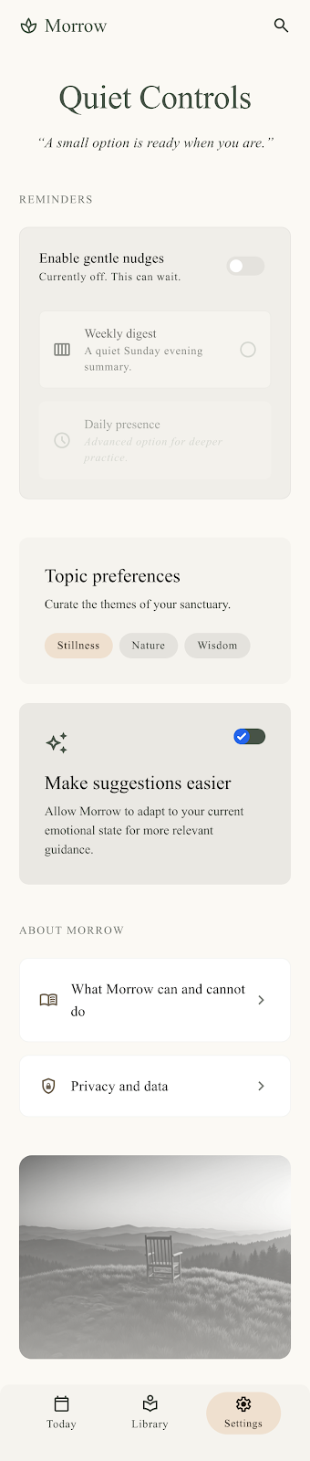 Morrow Settings screen asset from the public product site.