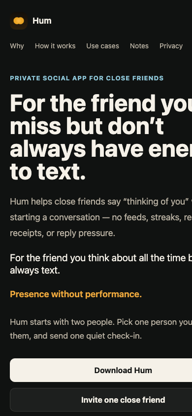 Hum public homepage mobile capture, captured July 13, 2026.