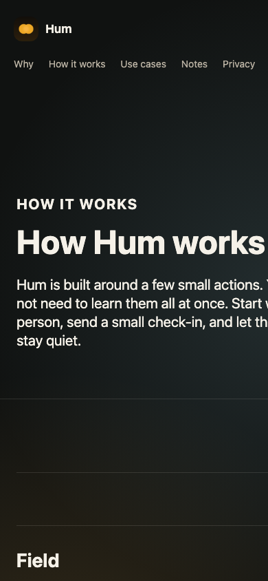 Hum public How It Works page mobile capture, captured July 13, 2026.