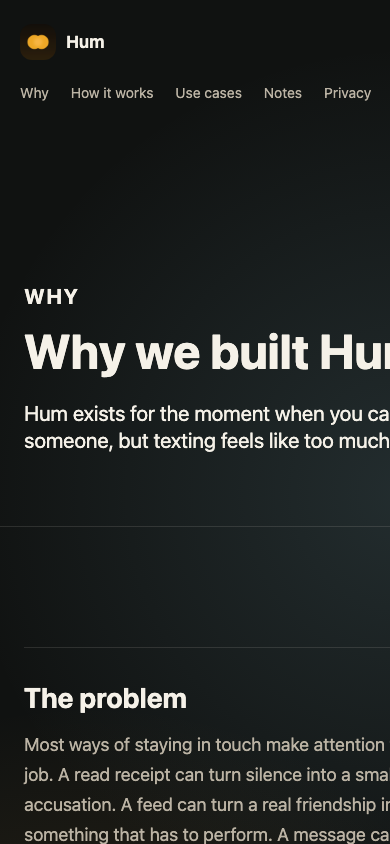 Hum public Why page mobile capture, captured July 13, 2026.