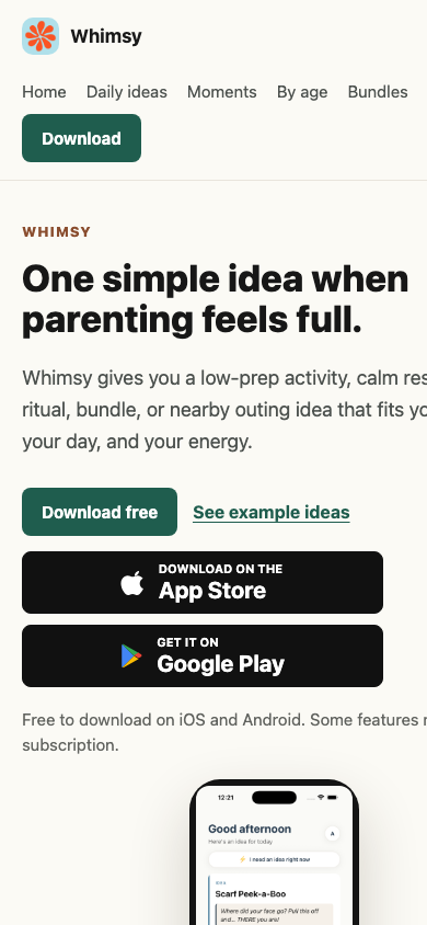 Whimsy public homepage mobile capture, captured July 13, 2026.